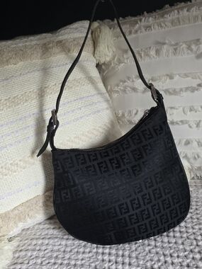 Fendi Black Zucchino Canvas Small Oyster Hobo Bag
